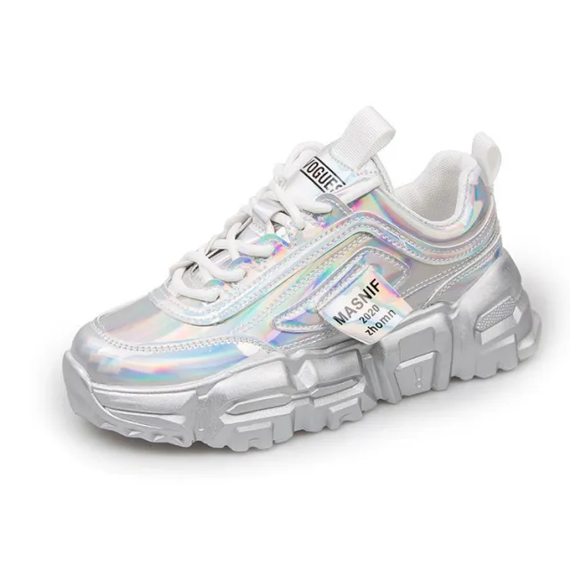 Patent Leather Old Shoes Women Ins Tide Platform Platform Lace Silver - Shop at LoveMi