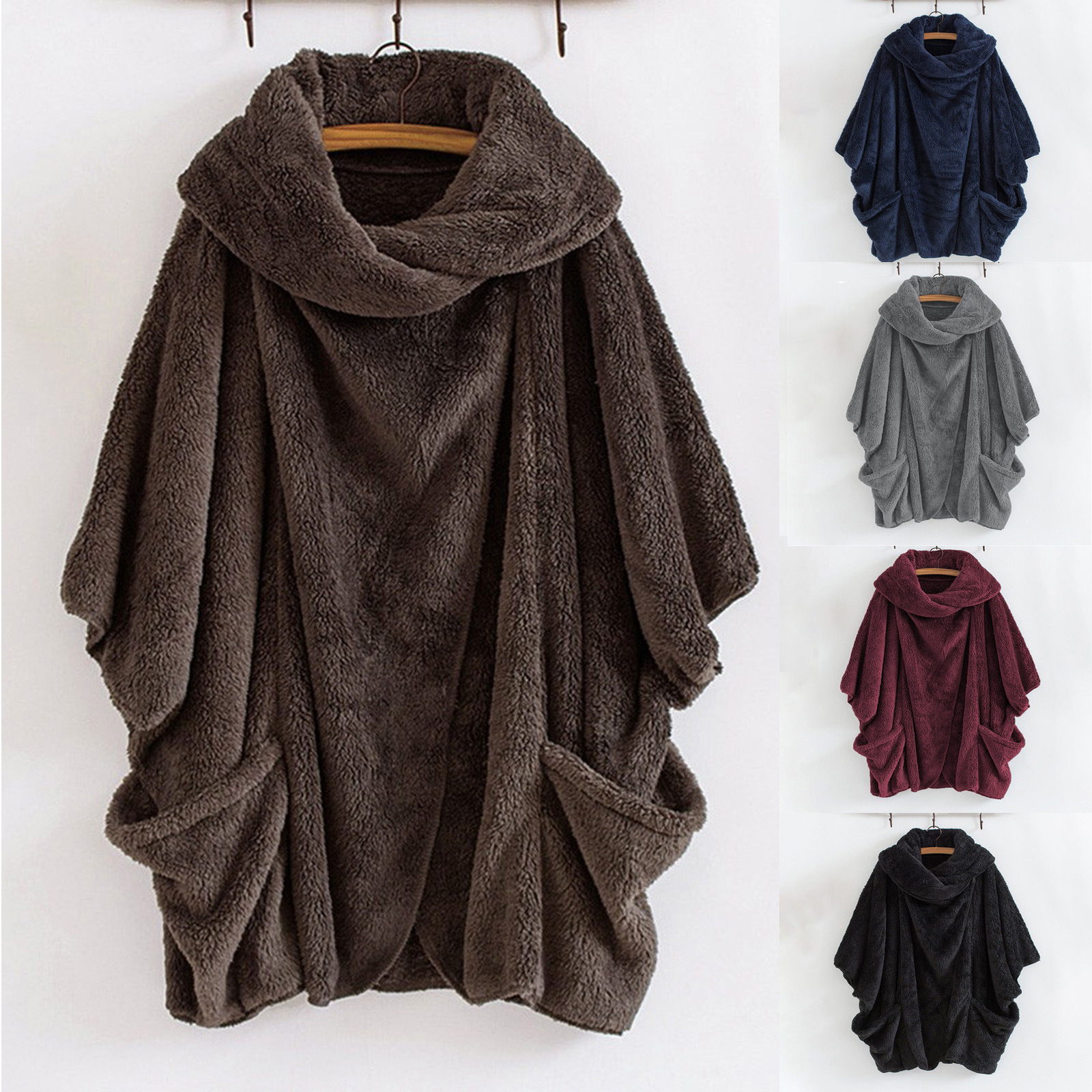 Buttoned Lapel Pocket Plush Blouse Irregular Solid Color Coat