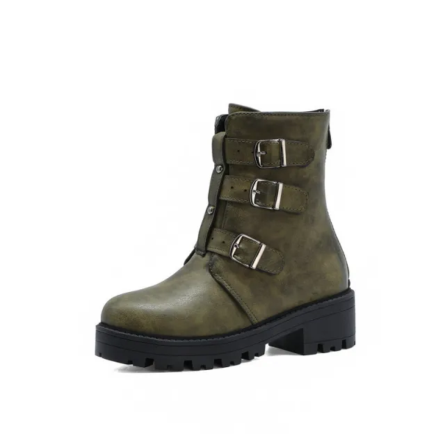 Thick soled Round Toe Martin Boots with belt buckle Green - Shop at LoveMi