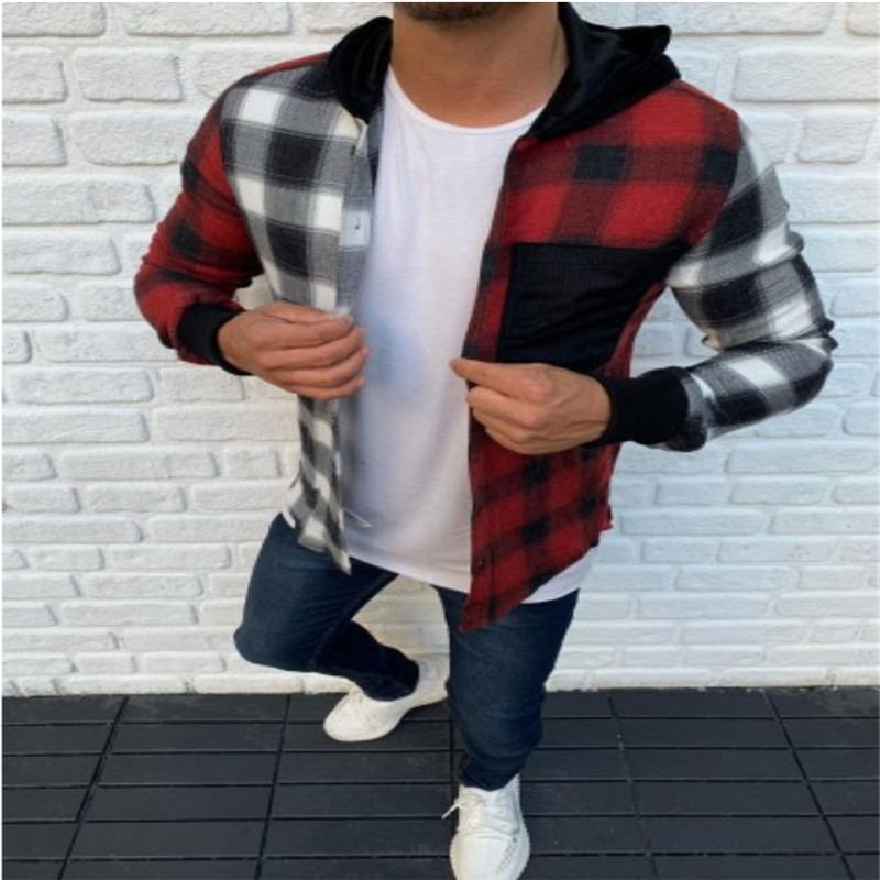 Hooded Plaid Color Matching  Button Men's Casual Shirt
