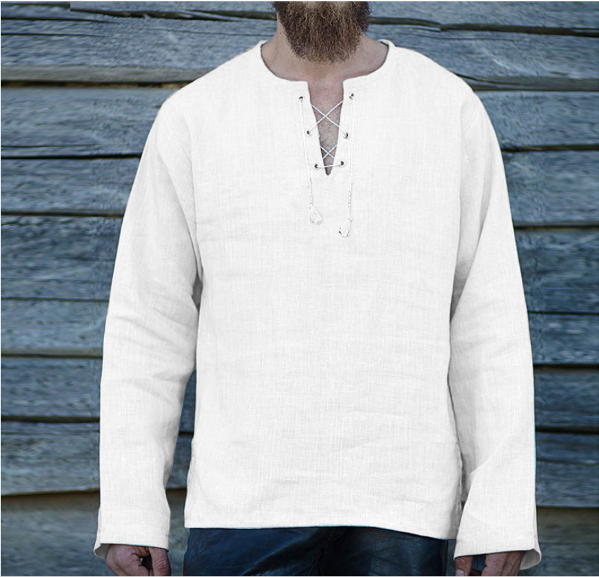 Men's Solid Color Lace Up Loose V-Neck Long Sleeve Cotton Linen T-shirt
