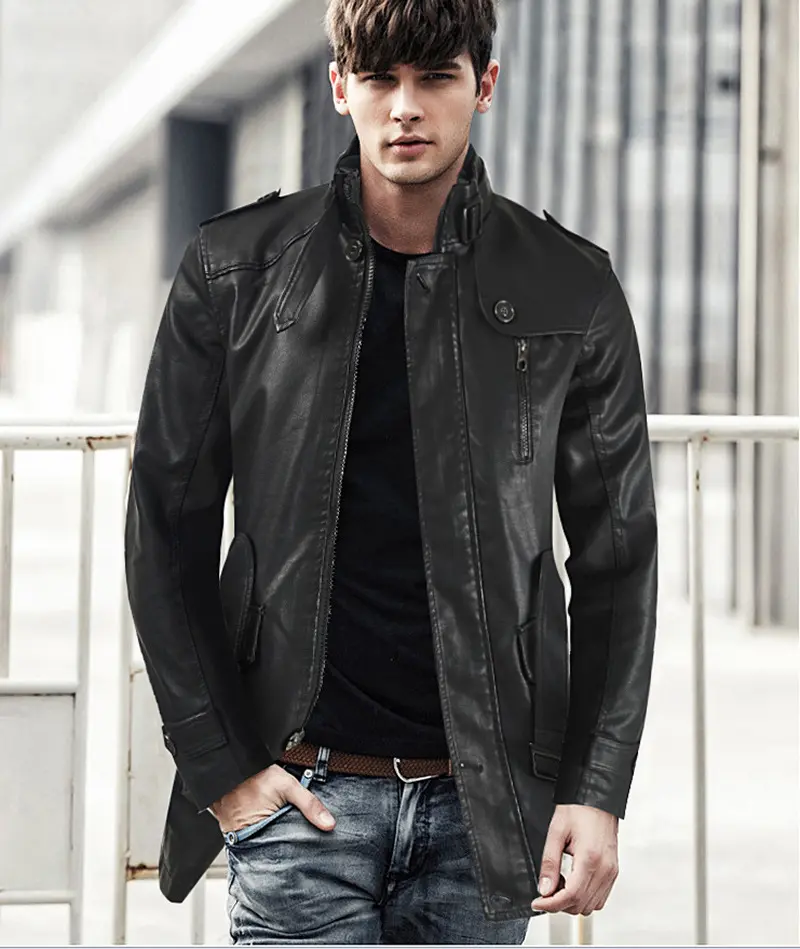 Men's Stand-up Collar And Velvet Mid-length Leather