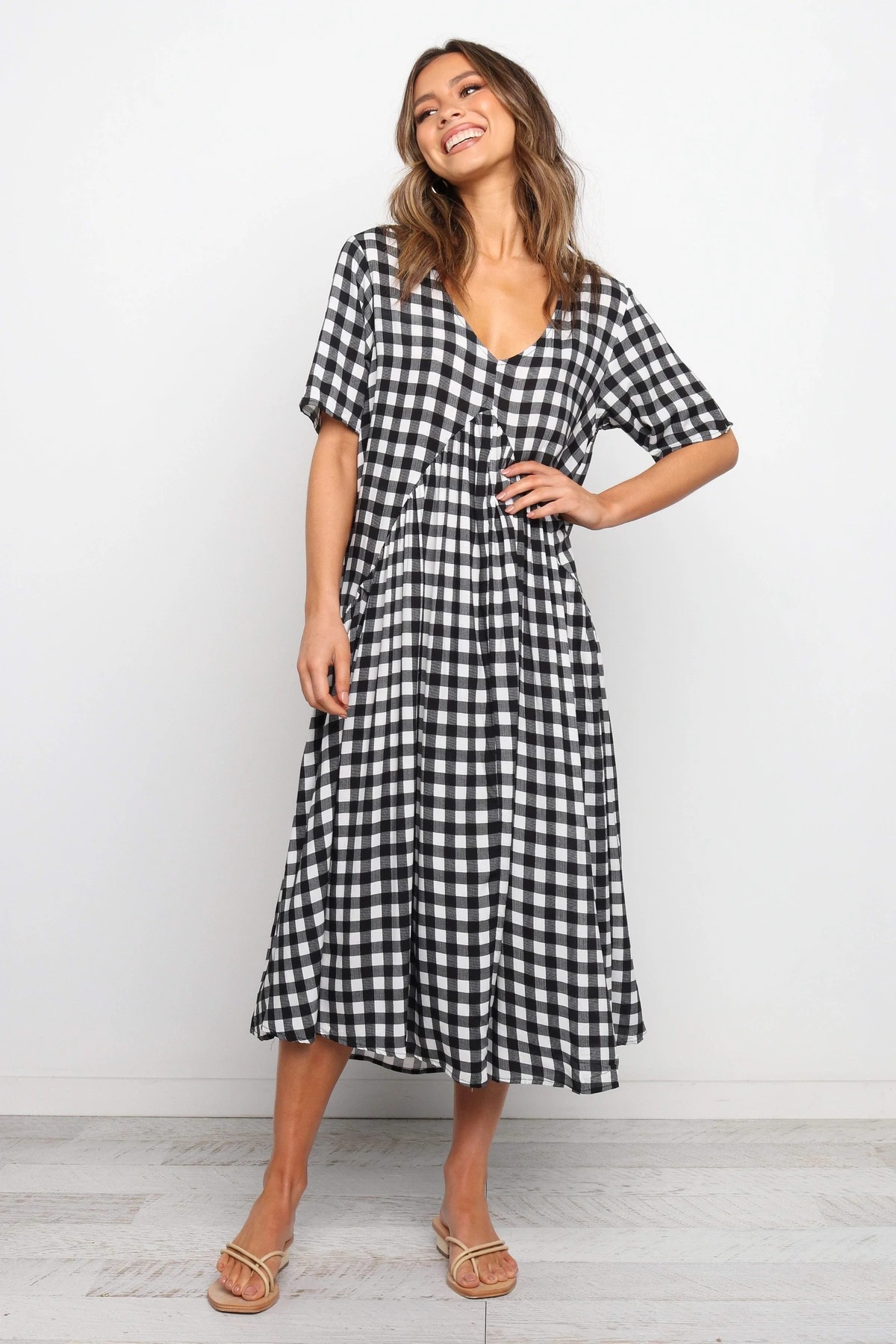 V-neck Plaid Medium Length Loose Dress