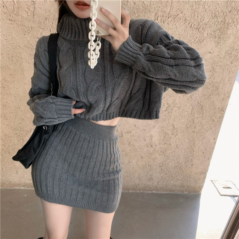 Two Piece High Neck Knitted Twist Sweater Skirt