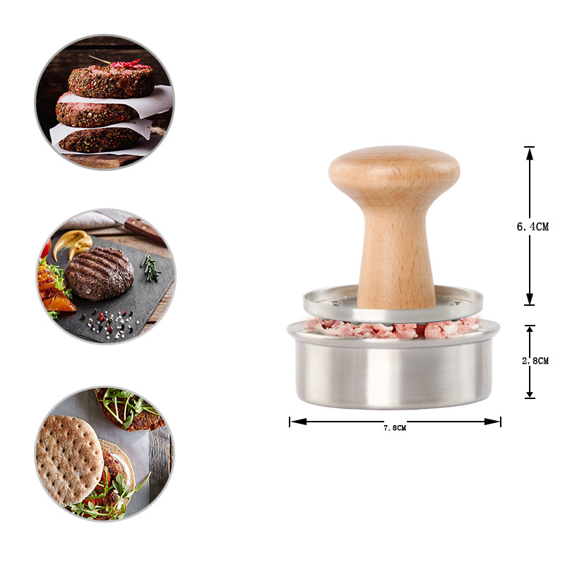 Burger Press Mould Stainless Steel 304 Meat Press, Beech Wood Handle Stainless Steel Meat Press