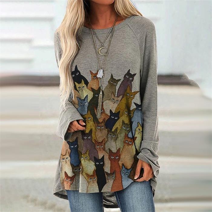 Round Neck Printed Cotton Long-Sleeved Top