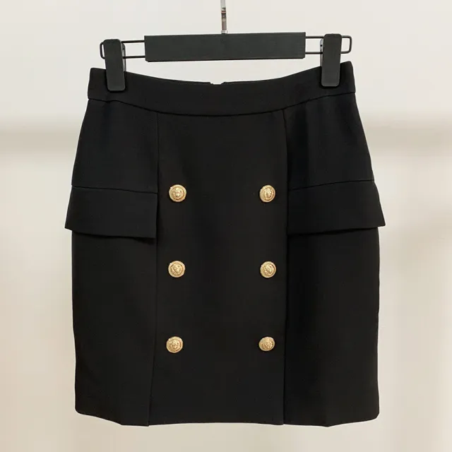 Business Wear Double Breasted Metal Lion Duckle Mini Bag Hip Mini Skirt Skirt Black - Shop at LoveMi