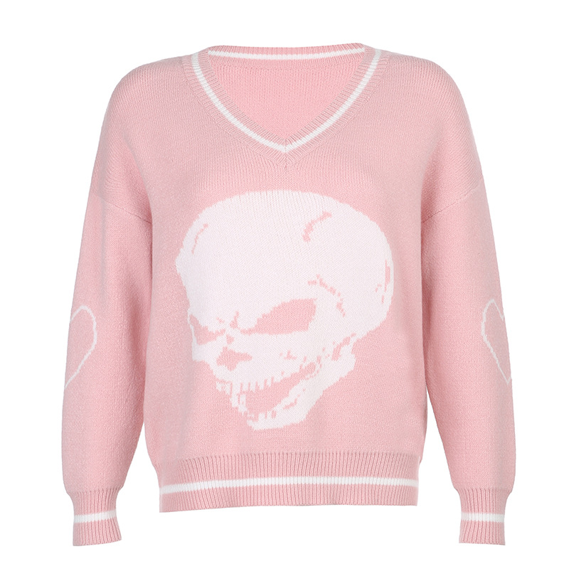 Casual V Neck Skull Fashion Loose Long Sleeve Knitted Sweater