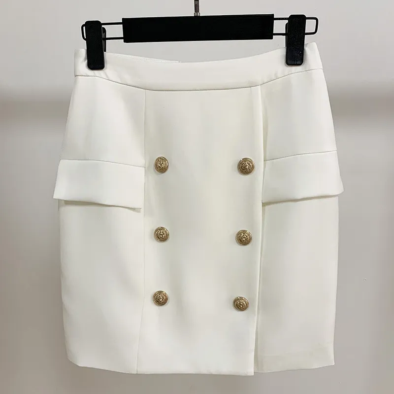 Business Wear Double Breasted Metal Lion Duckle Mini Bag Hip Mini Skirt Skirt - White
