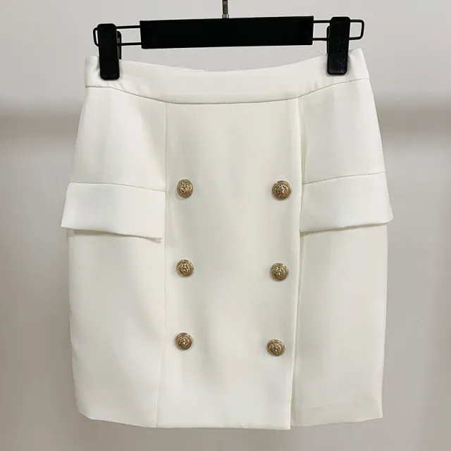 Business Wear Double Breasted Metal Lion Duckle Mini Bag Hip Mini Skirt Skirt White - Shop at LoveMi