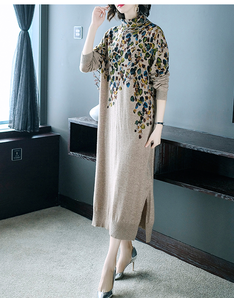 New Women's Autumn and Winter Print Wide Wool Dress