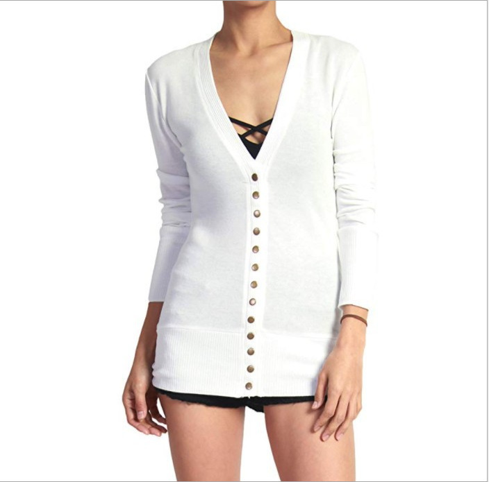 Solid V-Neck Long Sleeve Button Cardigan Top