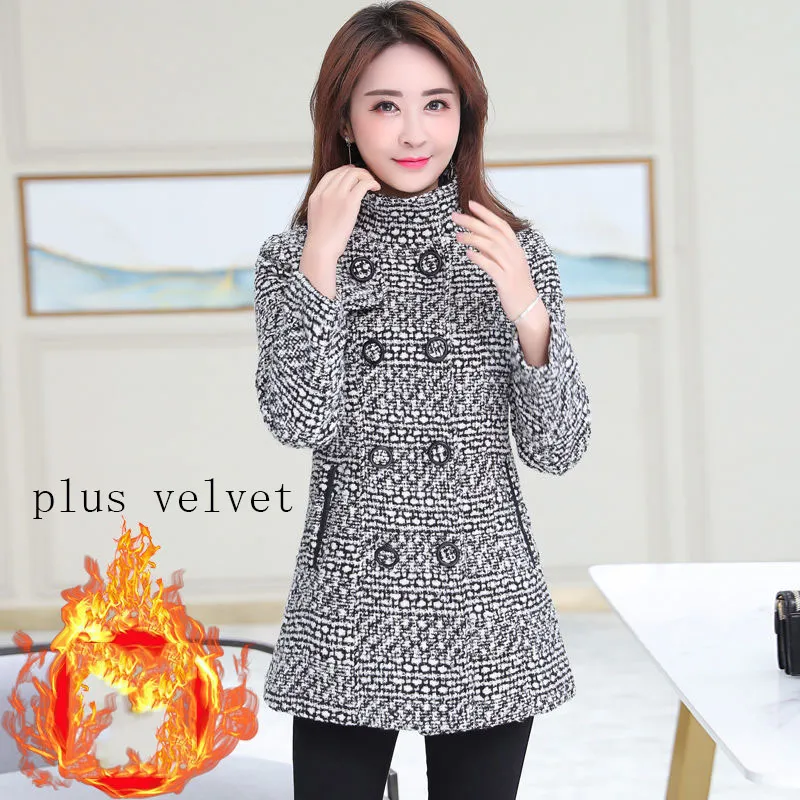 Fashion Thick Plaid woolen coat women's clothing - Black Plus Velvet