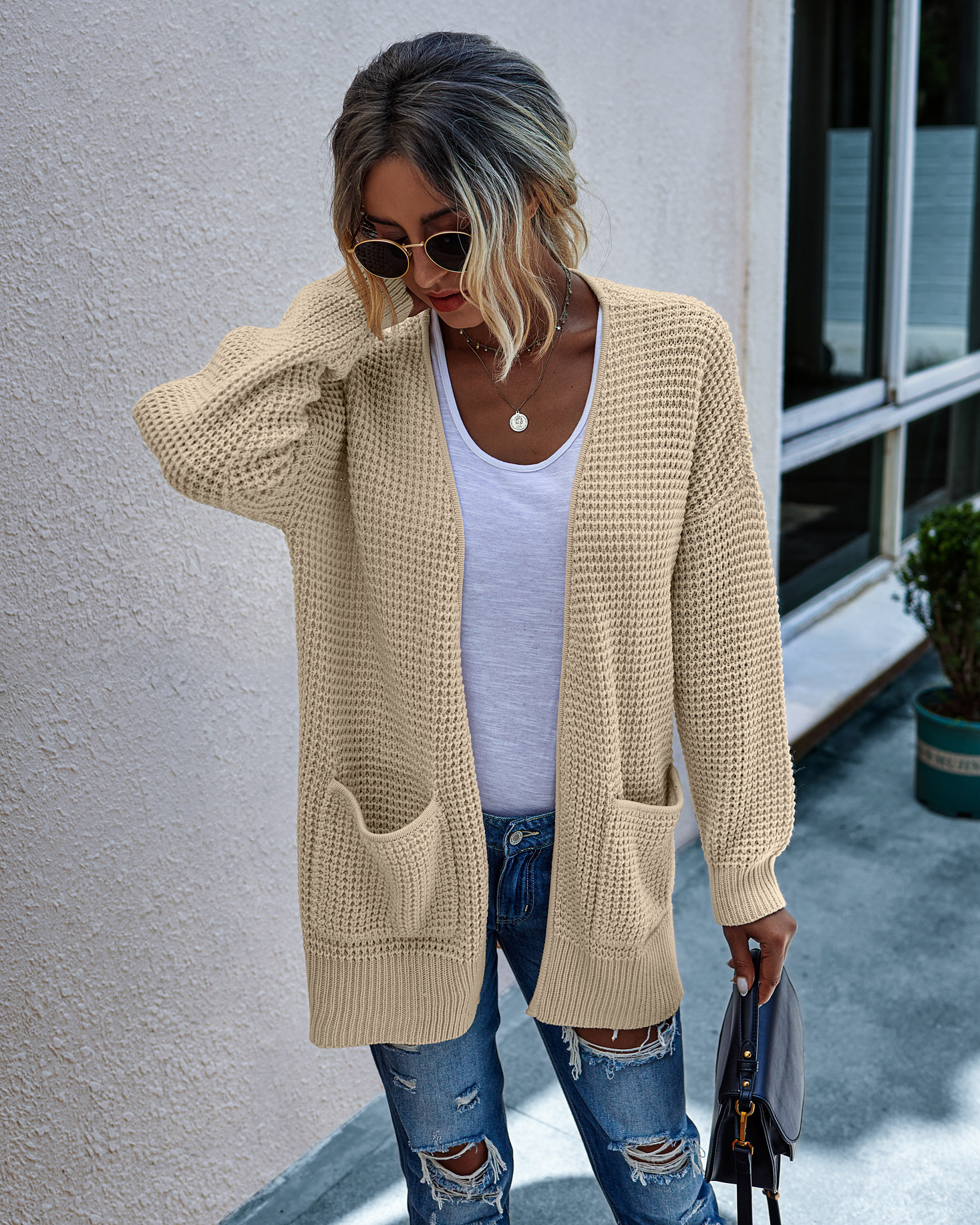 Solid Color Knitted Comfortable Long Women's Sweater Apricot - Shop at LoveMi