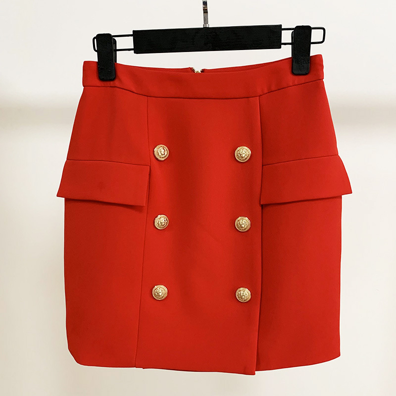 Business Wear Double Breasted Metal Lion Duckle Mini Bag Hip Mini Skirt Skirt Red - Shop at LoveMi