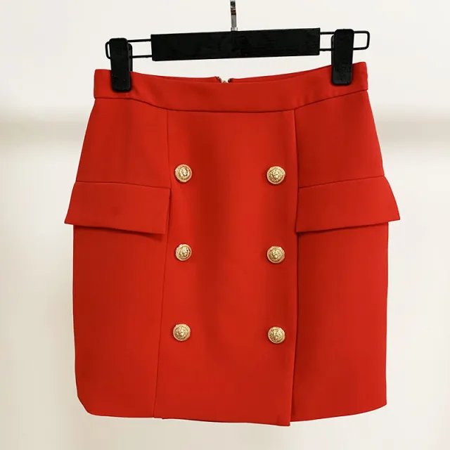 Business Wear Double Breasted Metal Lion Duckle Mini Bag Hip Mini Skirt Skirt Red - Shop at LoveMi
