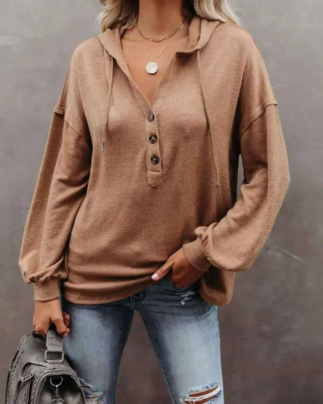 Autumn and Winter Solid Color Loose Hooded Woman Coffee - Shop at LoveMi