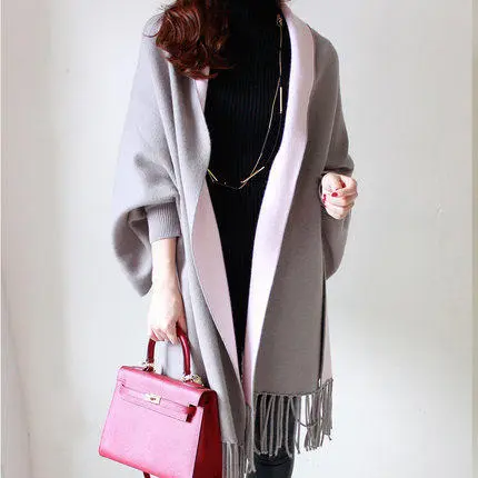Women's Fringed Big Shawl Sweater Cardigan Grey - Shop at LoveMi