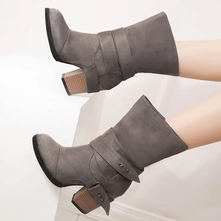 Large Size Thick Heel Belt Buckle Middle Tube Women's Boots