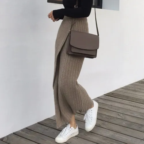 Split High Waist Slim Half Length Wool Skirt - Khaki