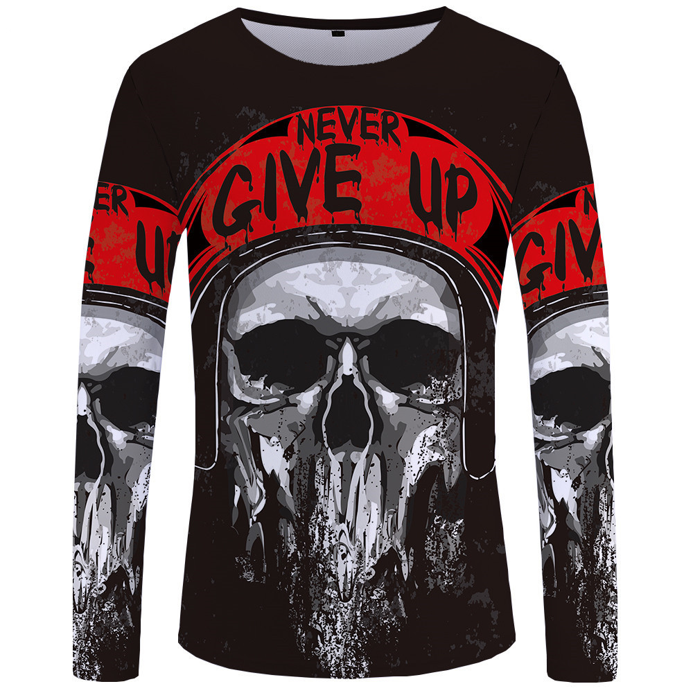 Skull Print Long-Sleeved Men's Top Round Neck T-shirt
