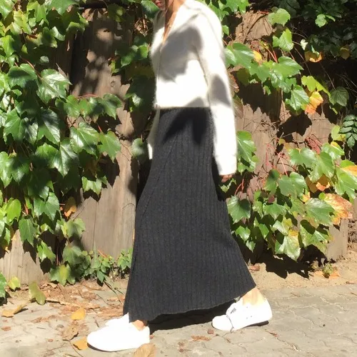 Split High Waist Slim Half Length Wool Skirt - Black
