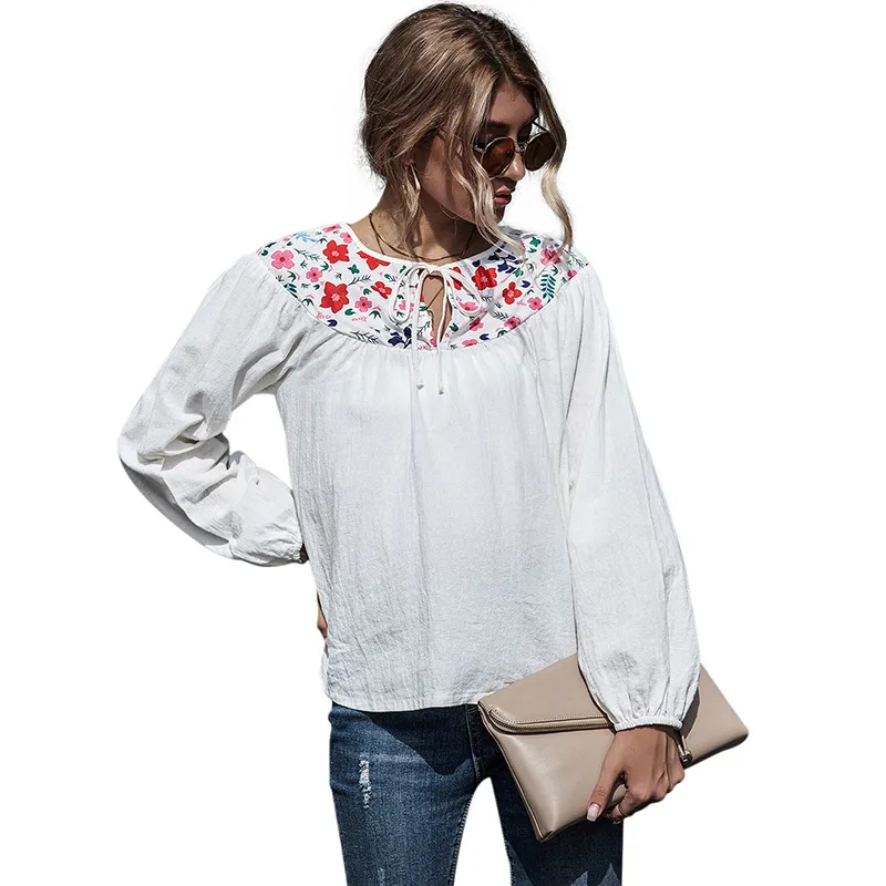 Cotton Linen Embroidered Slim Top Loose Art T-shirt - Red