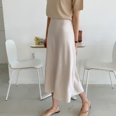Satin Silky Draped Texture Gloss High Waist Skirt - White - View 1