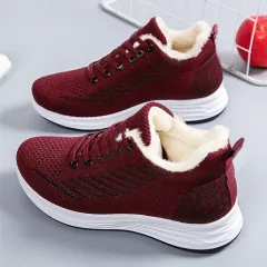 Winter Warm Cotton Boots Soft Bottom And Velvet Cotton Shoes Flat Bottom Leisure - Red - View 1