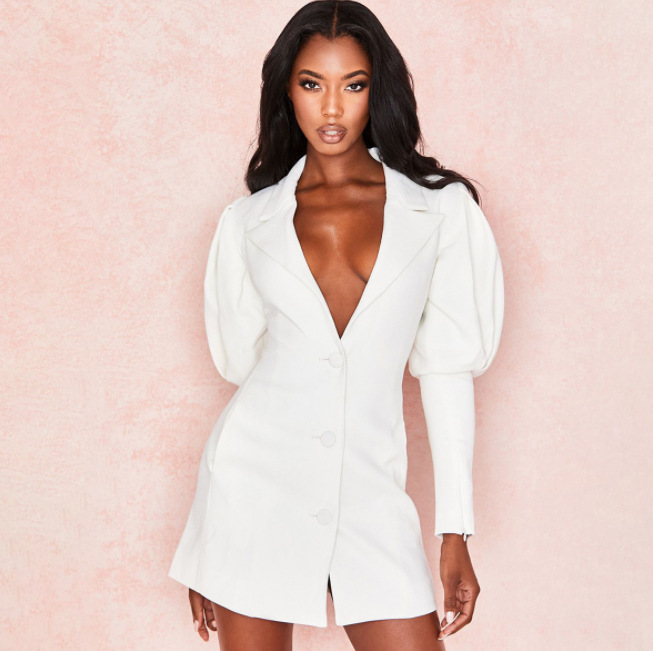 V Neck Single Breasted Bubble Sleeve Cardigan Medium Length Suit Coat