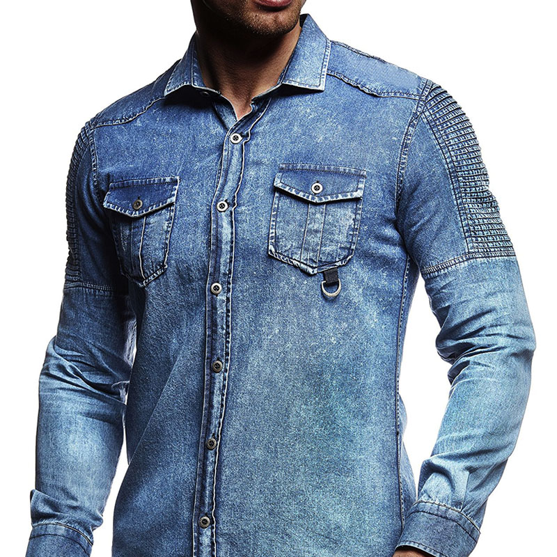 Solid Color Ruffled Shoulder Men's Long-Sleeved Denim