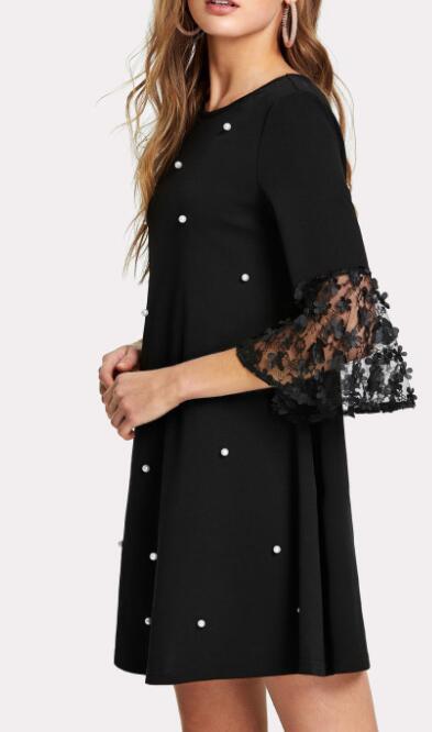 Large Size Polka Dot Flower Sleeve Solid Color A-line Casual Loose Dress