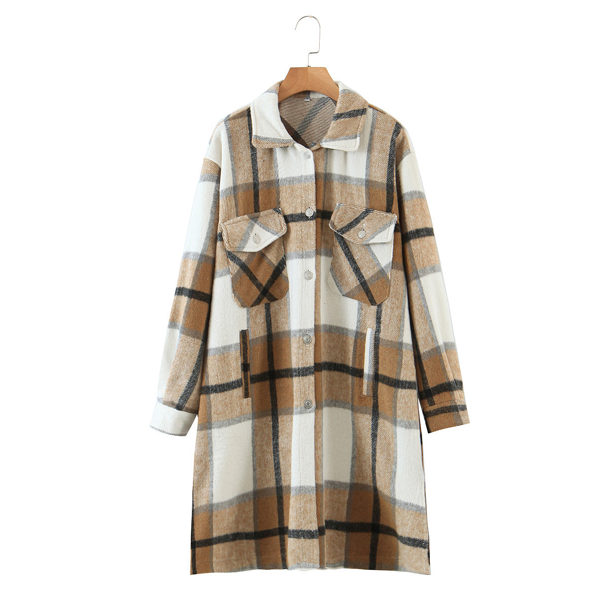 Long Windbreaker Jacket With Tweed Plaid Pockets Khaki - Shop at LoveMi