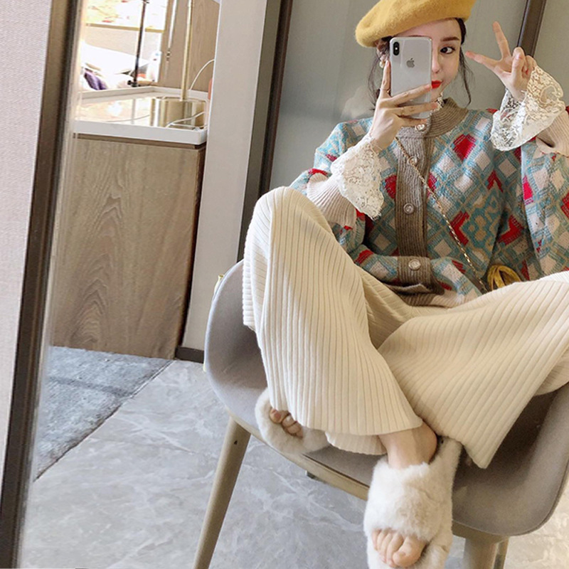 Loose Color Thick Sweater Slimming Knitted Trousers Three Piece Suit