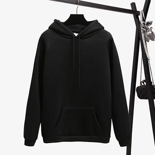 Pure Color Plus Velvet Padded Hooded Sweater Black - Shop at LoveMi