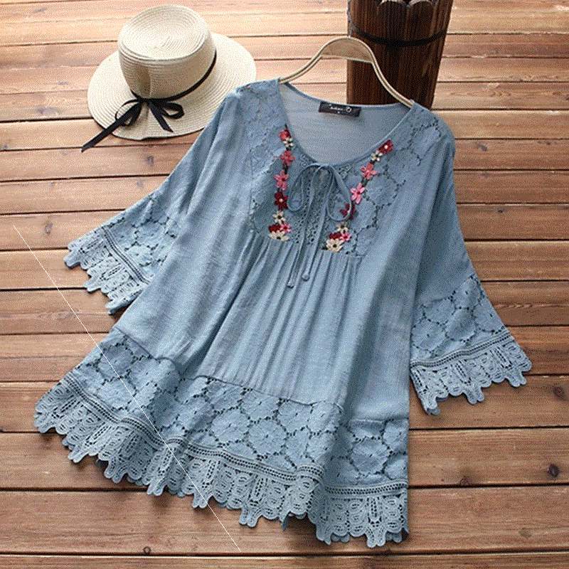 New Lace V-Neck Tie With Three-Quarter  Sleeves Loose Shirt