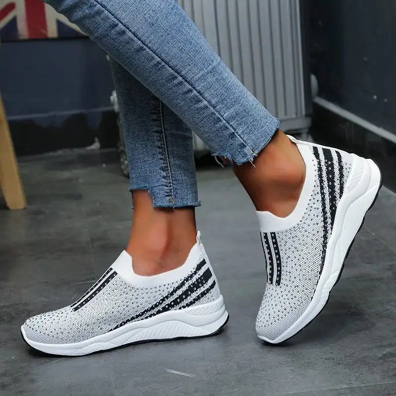Rhinestone Elastic Foot Knit Casual Shoes Women