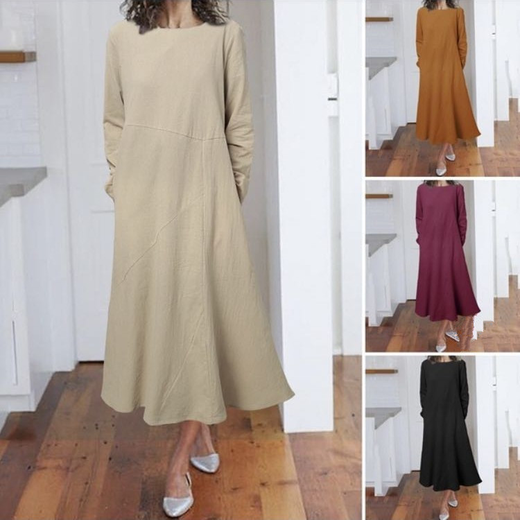 Round Neck Solid Color Cotton And Linen A-line Long Sleeve Dress