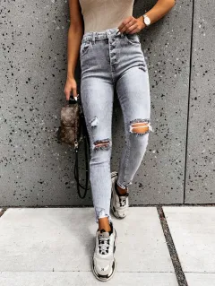 Solid Colour Trendy Fashion Ripped Slim Jeans Trousers - Grey - View 1