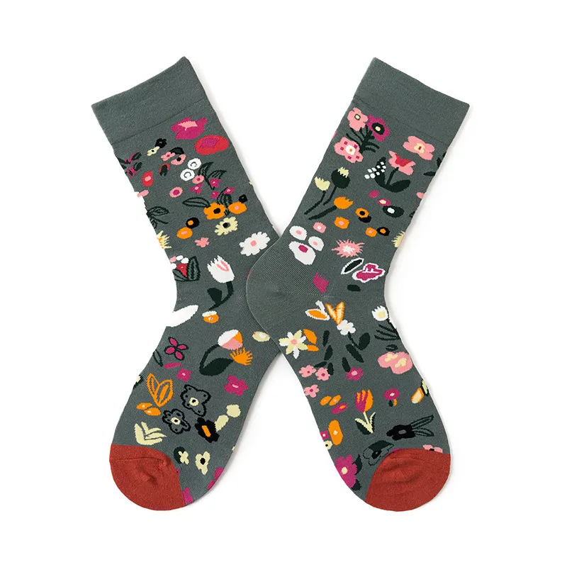 French Illustration Design Abstract Oil Painting Cotton Socks - Wild Flowers-One Size