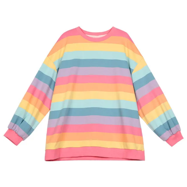 Rainbow Striped Long Sleeve Loose Thin Top As Shown - Shop at LoveMi