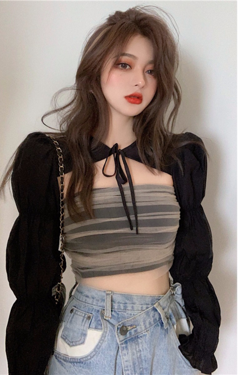 Early Autumn Black Shawl Design Shirt + Net Red Stitching Bottoming Tube Top