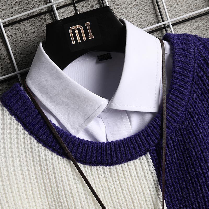 Contrast Stitching Round Neck Pullover Sweater Sweater