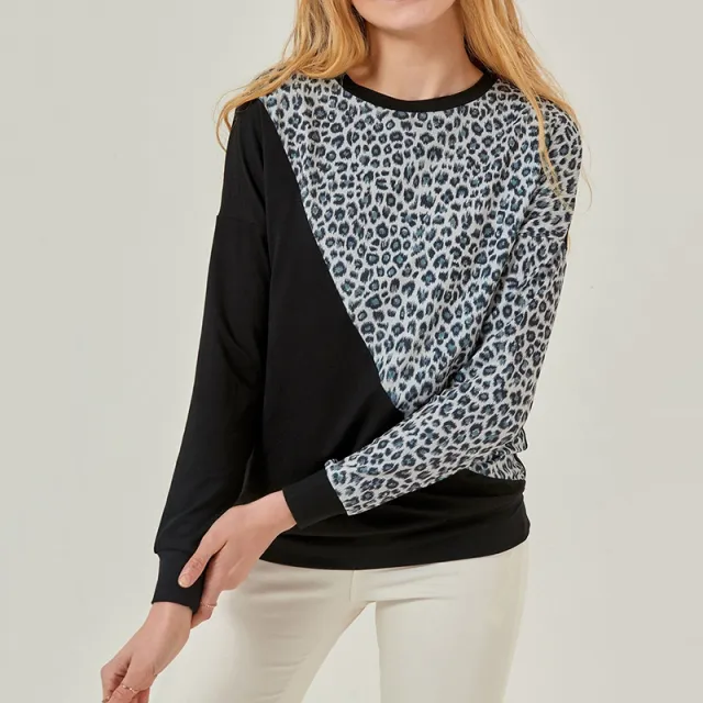 Casual Contrast Color Stitching Leopard Print Sweater Women Grey - Shop at LoveMi
