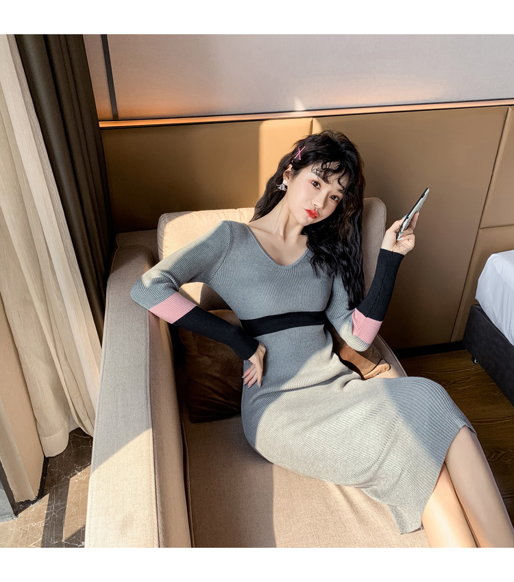 Color Matching V-Neck Knitted Sweater Fashion Hip Dress for Women