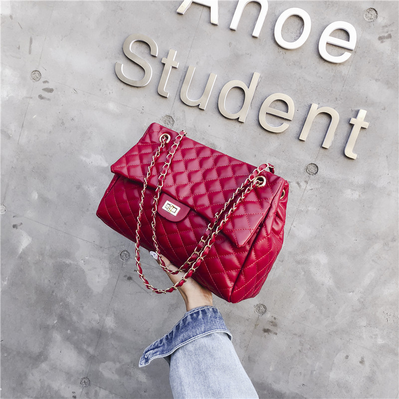 Female Rhombus One Shoulder Messenger Chain Bag Red - Shop at LoveMi