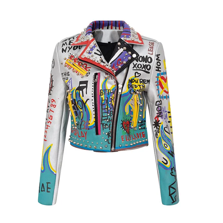 Women's Printed Contrast Color Motorcycle Suit - Silver