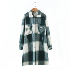 Long Windbreaker Jacket With Tweed Plaid Pockets - Green - View 1