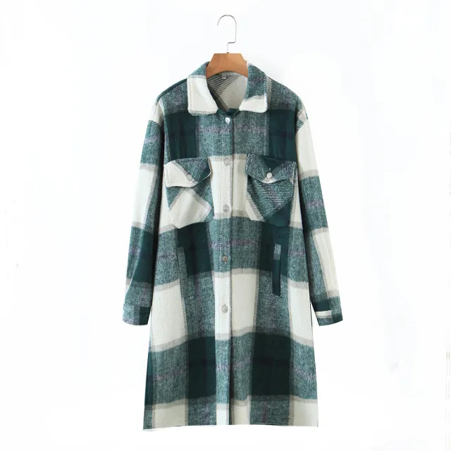 Long Windbreaker Jacket With Tweed Plaid Pockets Green - Shop at LoveMi
