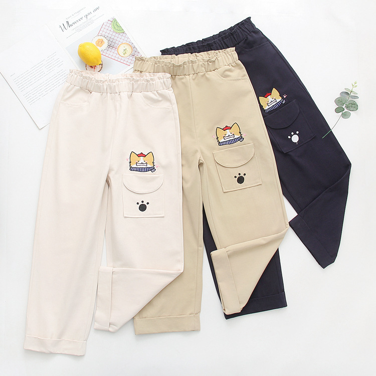 Cartoon Embroidery Casual Pants Girls Spring Straight Pants
